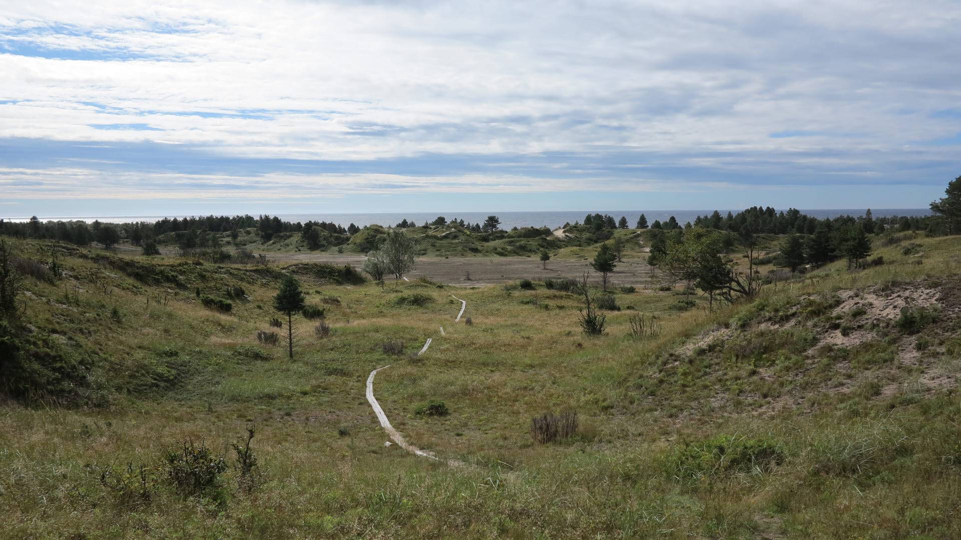 Sanddynslandskap vid Haparanda skärgårds nationalpark med en smal träspång som slingrar sig fram mot havet. Haparanda skärgårds nationalpark, Norrbotten län, Sverige.