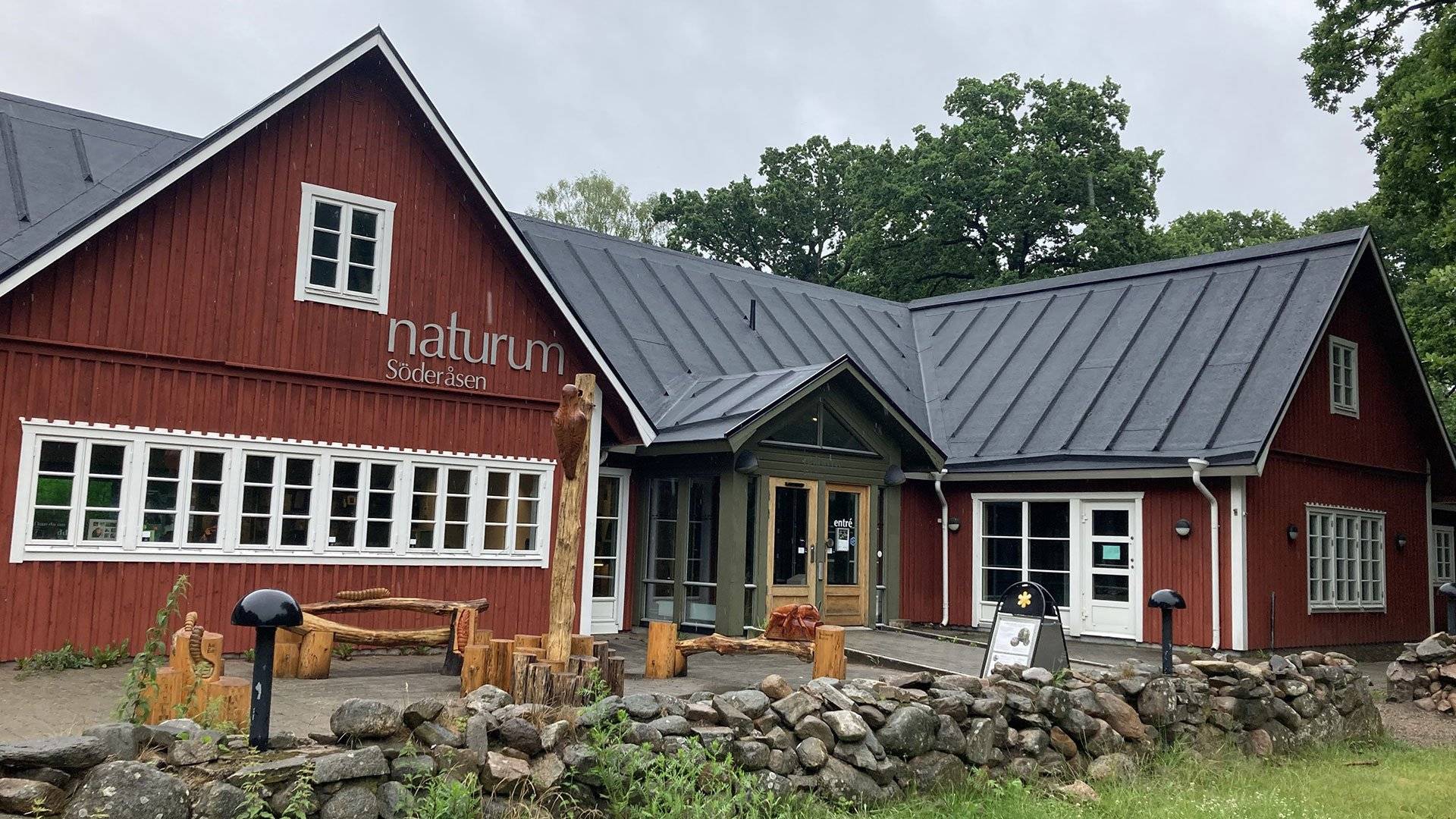 Röd träbyggnad med svart plåttak som rymmer naturum Söderåsen. Byggnaden har vita fönster, en glasad entré och omges av en låg stenmur och grönska.