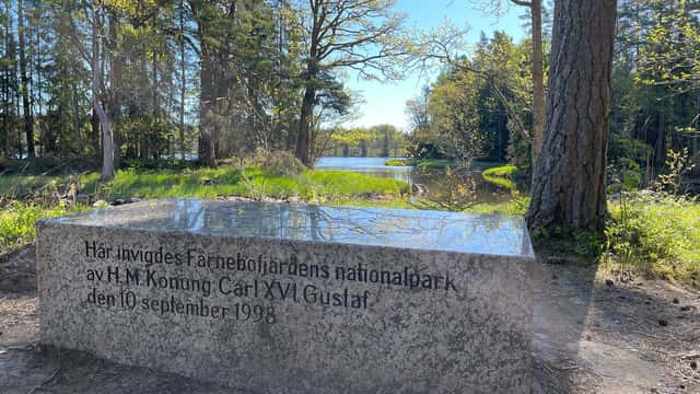 Minnessten vid Färnebofjärdens nationalpark intill vattendrag, omgiven av löv- och barrskog. Stenen markerar invigningen av nationalparken 1998.