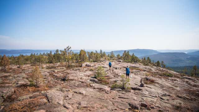 Foto av två personer som vandrar över en bergstopp.