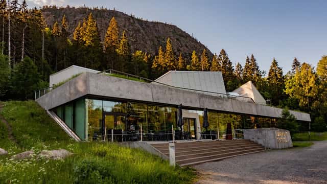 Naturum Höga Kusten, byggnaden sett från vägen med skog och bergssluttning i bakgrunden.