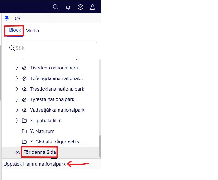 Skärmdump för hur Filhanteraren ser ut för fliken block i Optimizely.