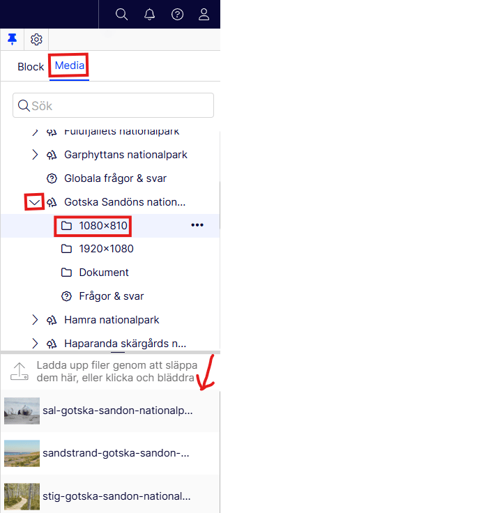Skärmdump för hur fliken media ser ut i Optimizely.