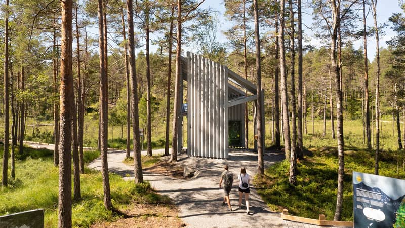 Joacim Winqvist/Picture Perfect Visuals Entrén till Tresticklans nationalpark i tallskog. Besökare går mot den höga träbyggnaden som markerar nationalparkens huvudentré.