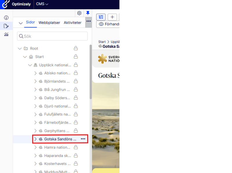 Skärmdump som visar hur sidstrukturen ser ut i Optimizely.