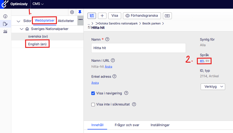 Skärmdump som visar var i Optimizely man växlar språk.