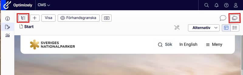 Skärmdump som visar vart man klickar för att få fram de olika ytorna i Optimizely.