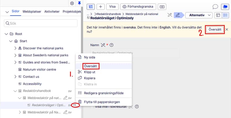 En skärmdump som visar vart på skärmen man kan klicka för att översätta en svensk webbsida till en engelsk webbsida.