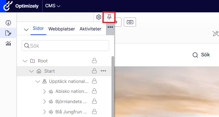 Skärmdump som visar häftstiftet man ska klicka på för att fästa en yta i Optimizely.