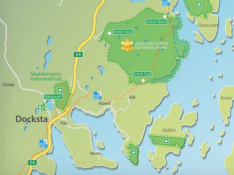 Karta över nationalparken och omgivande naturreservat, med E4:an och naturum Höga kusten.
