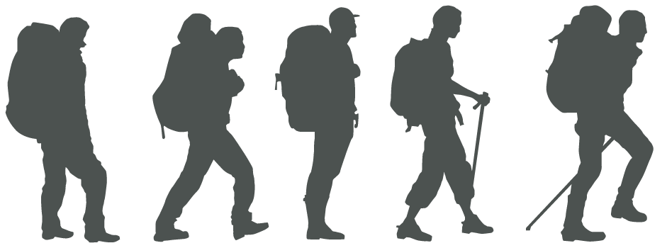 Illustration av fem vandrare på led.