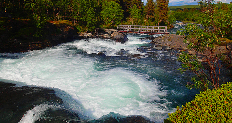 Ice-blue river flowing under a bridge.