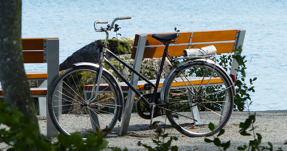 En cykel står parkerad vid sjön.