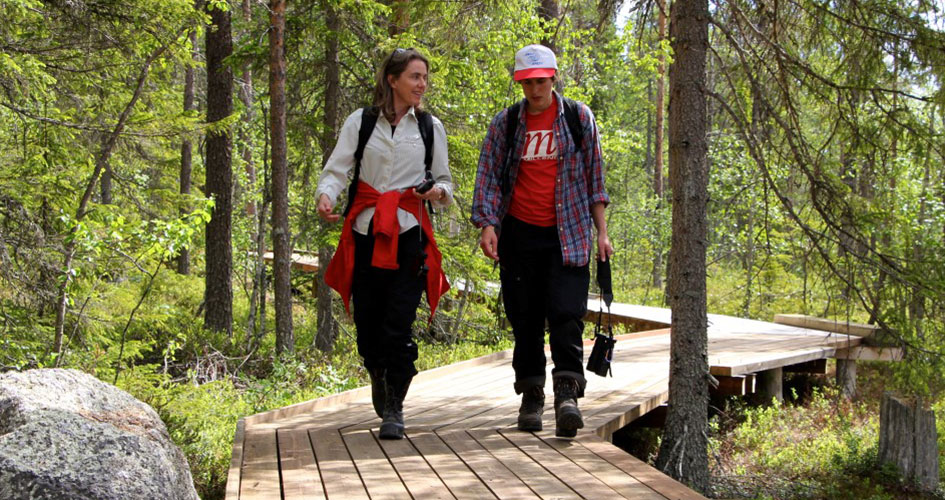 Two people walk on a wooden ramp in the woods.