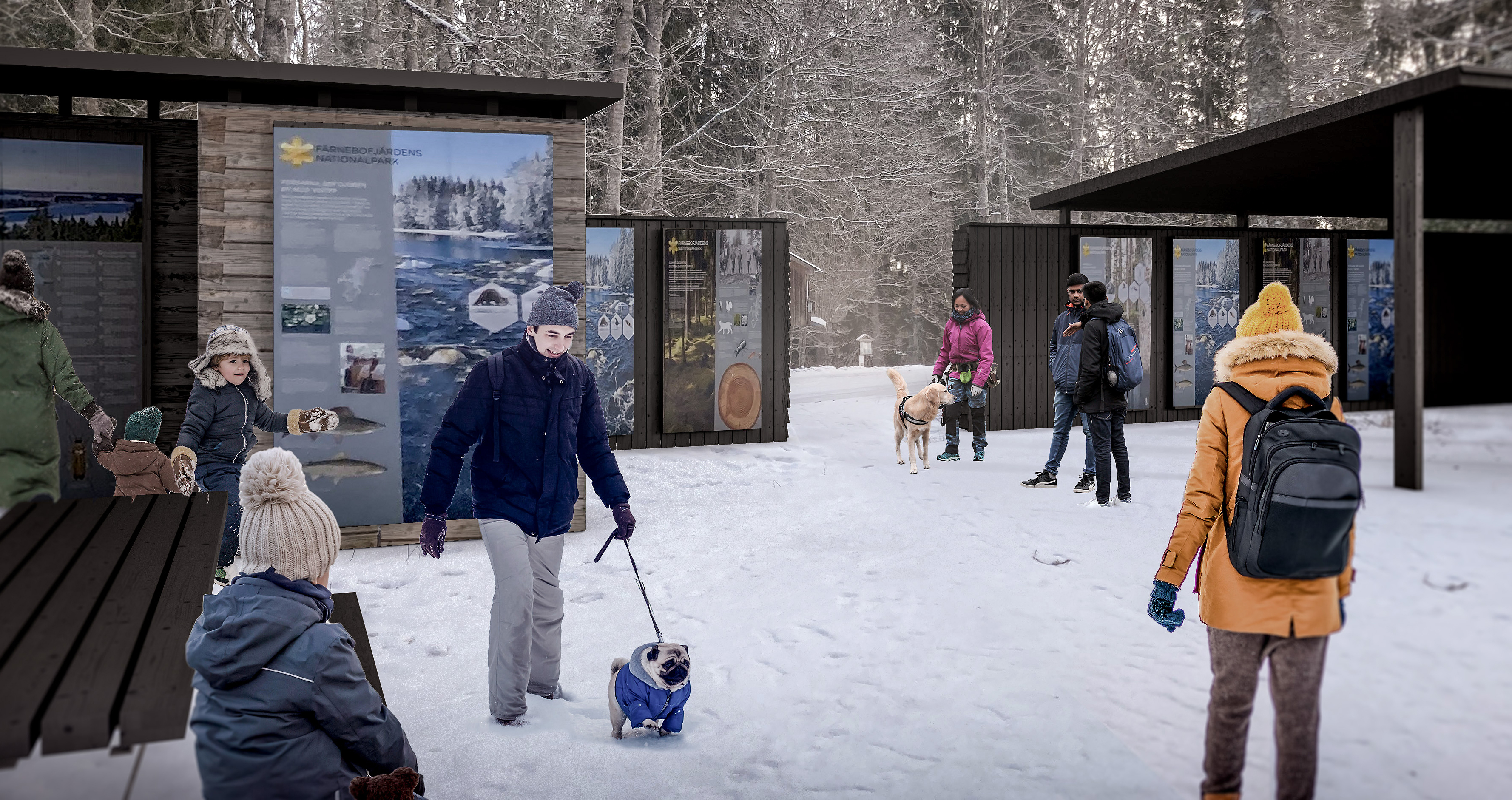 Flera besökare i rejäla vinterkläder vid entrén till Färnebofjärdens nationalpark.