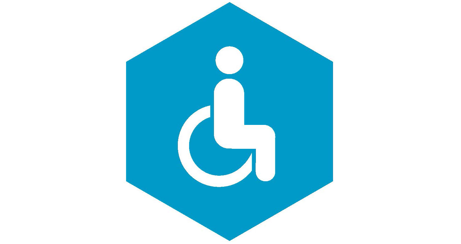 Sexkantig blå figur med en siluett i vitt av en person i rullstol.