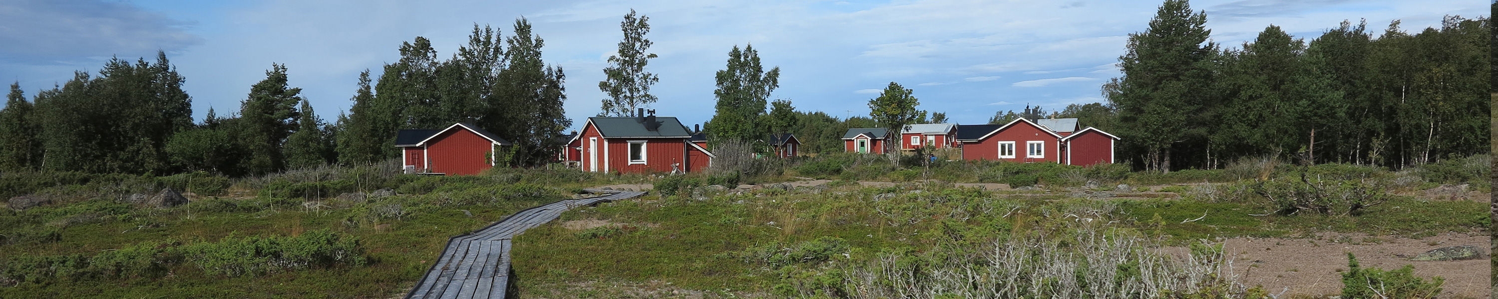 Röda stugor vid stranden