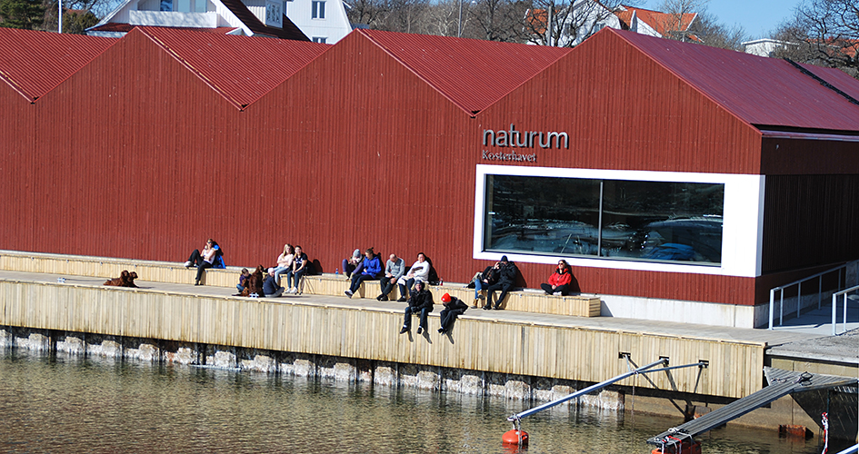 Människor sitter på träbänk utanför rött trähus, naturum.