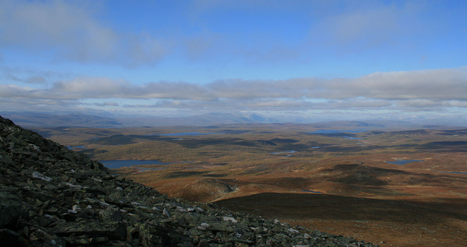 Landskapsvy över lågfjäll mot blå himmel och små moln.