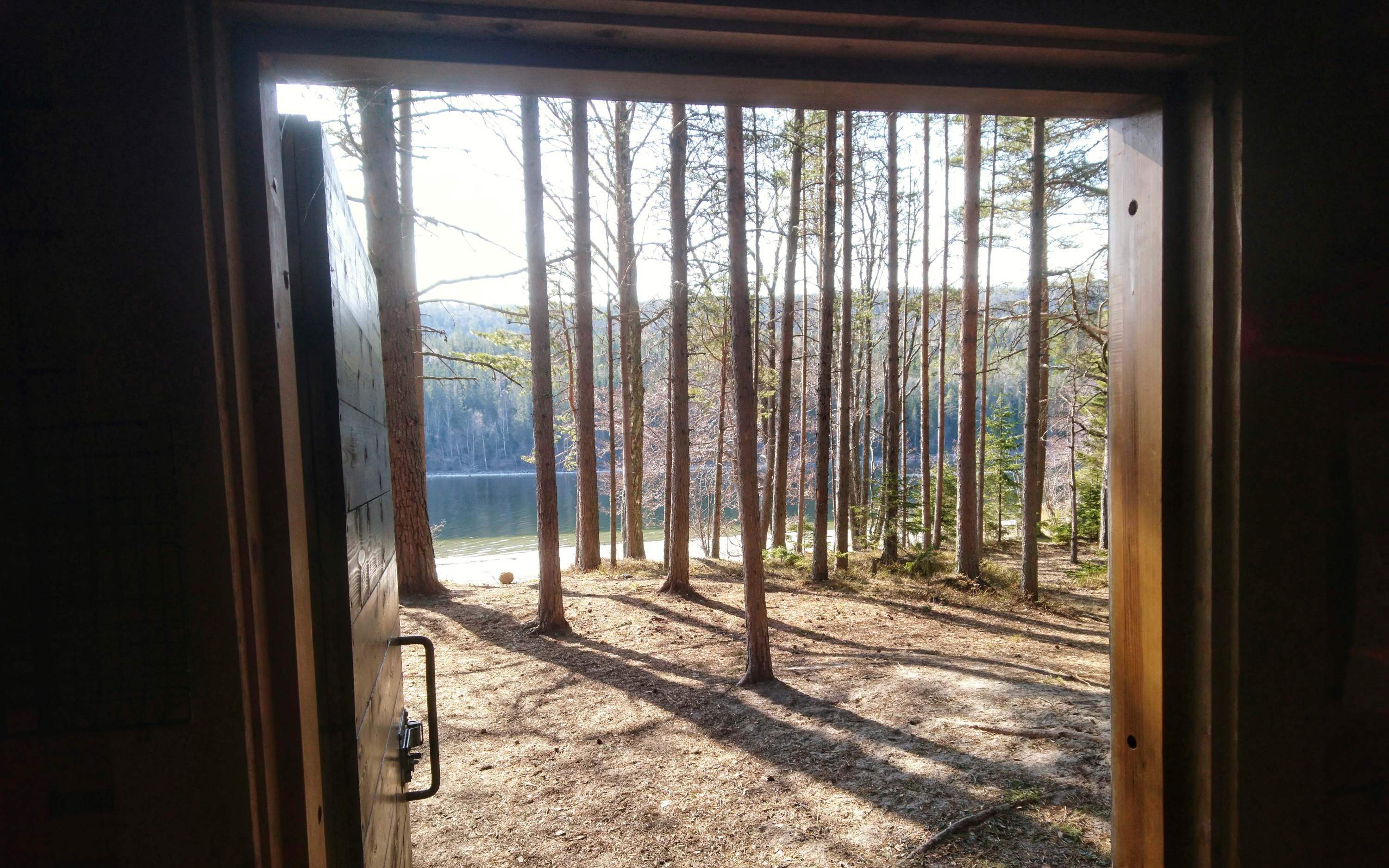 View from the door of a cabin showing trees and water.
