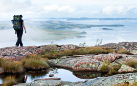 En kvinna står med ryggen mot kameran, bakom henne en storslagen vy av Skuleskogens kustlandskap.