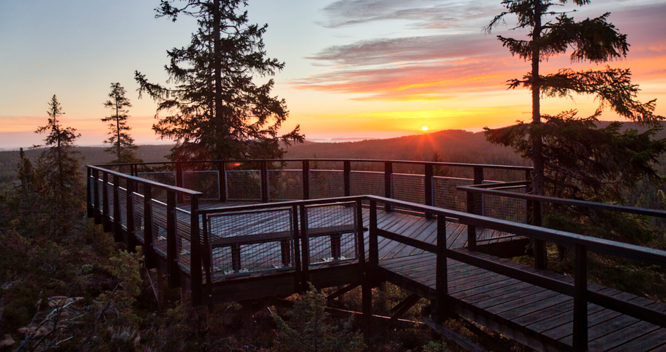 En träplattform med utsikt mot en färggrann solnedgång.