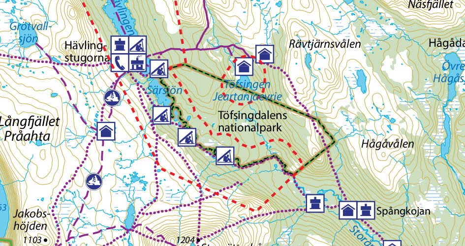 Karta över Töfsingdalens nationalpark.