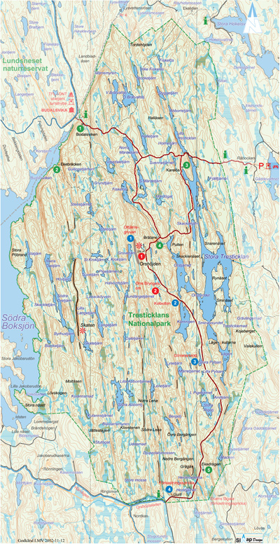Karta över Tresticklans nationalpark.