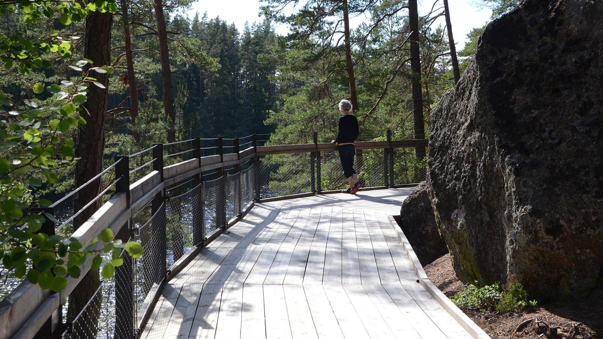 En person står på en spång omgiven av träd och block