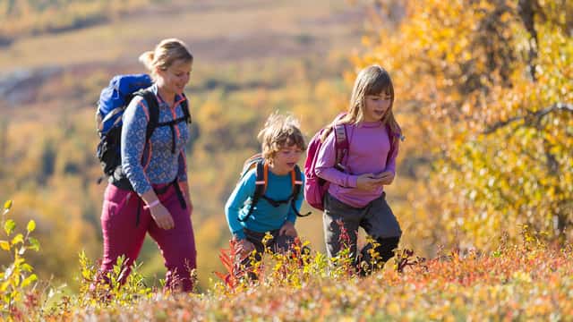 Niclas Vestefjell / Johnér Kvinna och två barn fjällvandrar, Åre, Jämtland.