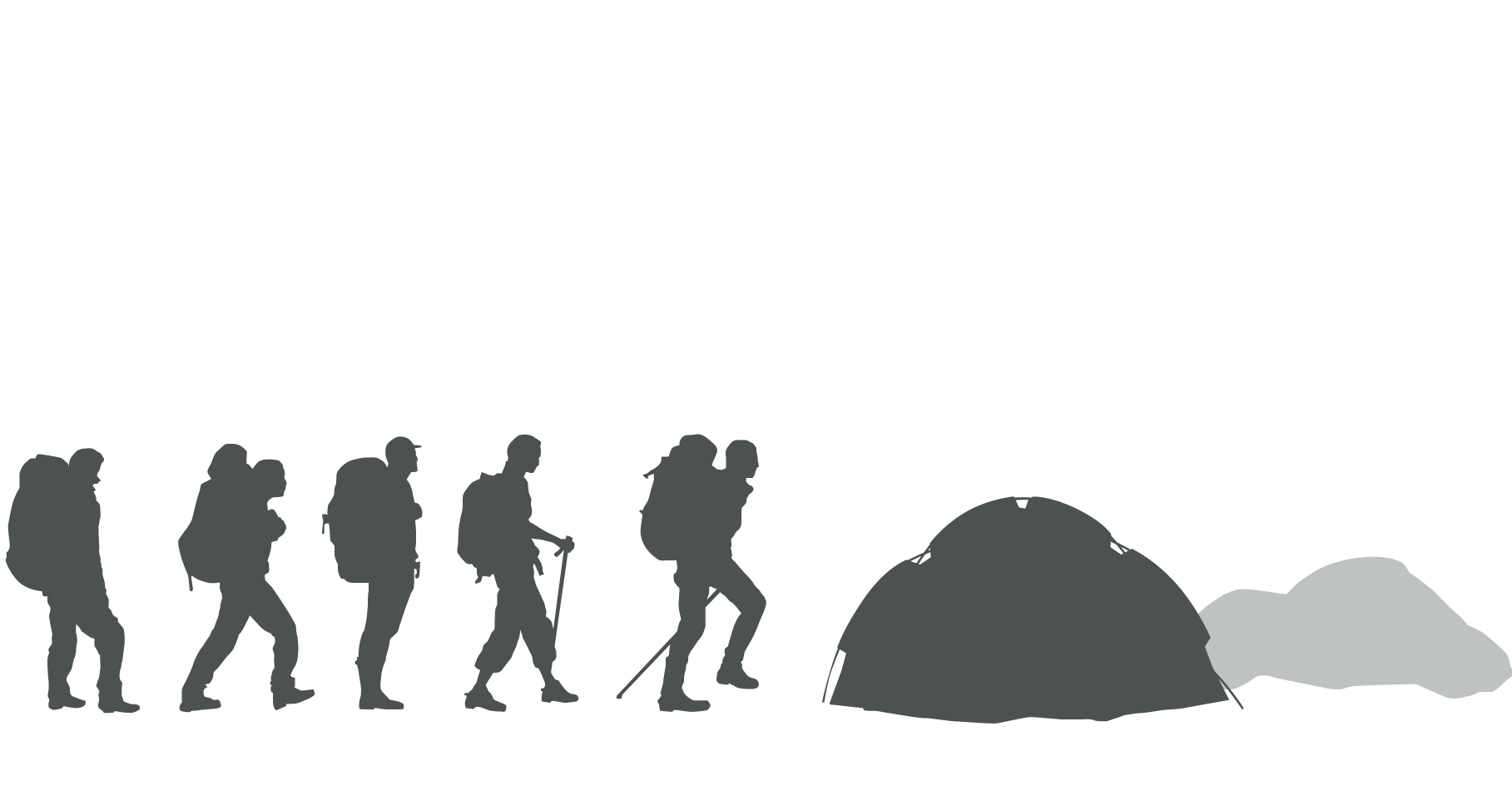 Illustration av fem vandrare gåendes på led mot ett tält.
