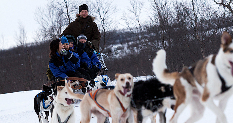 A dog sled pulls a sled with five people.