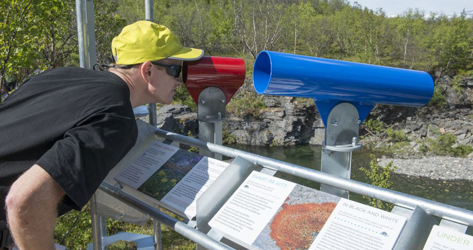 Man in a yellow cap looks for flora and fauna in a viewing binoculars.