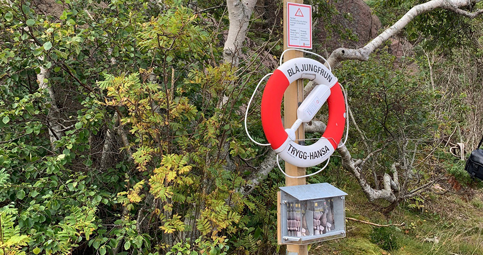 En livboj fäst på en stolpe. I bakgrunden en tät lövskog.