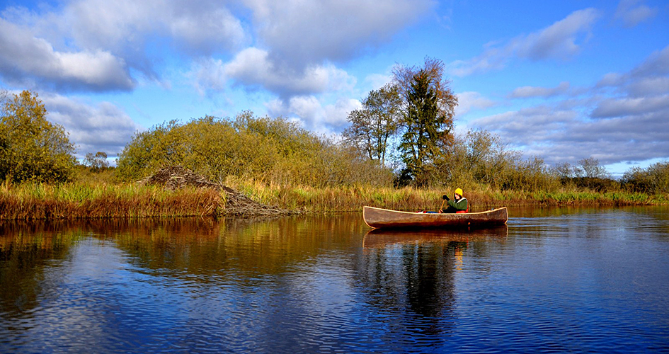 A person paddles a canoe in calm water.