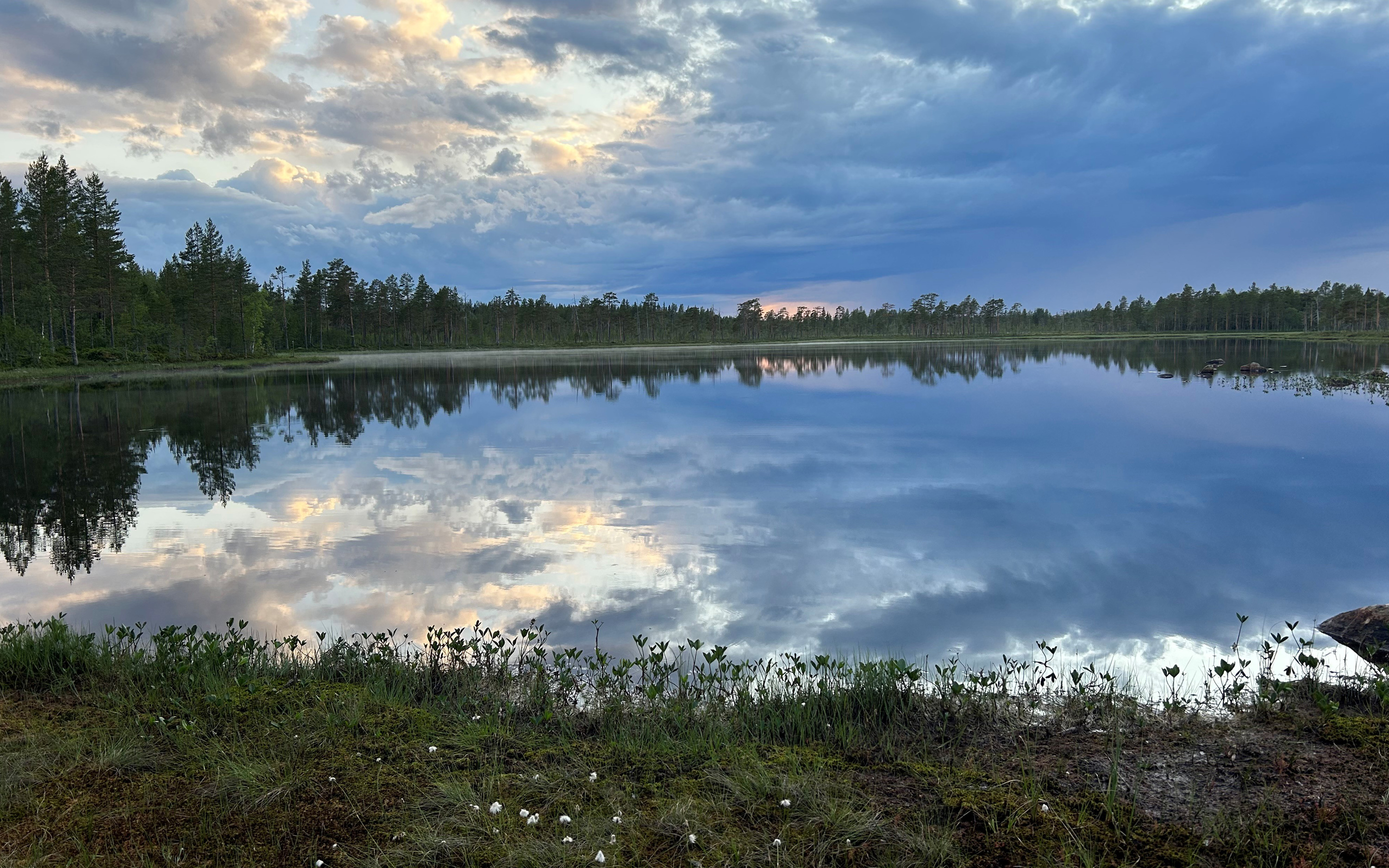 Spegelblank tjärn med blå dramatisk himmel