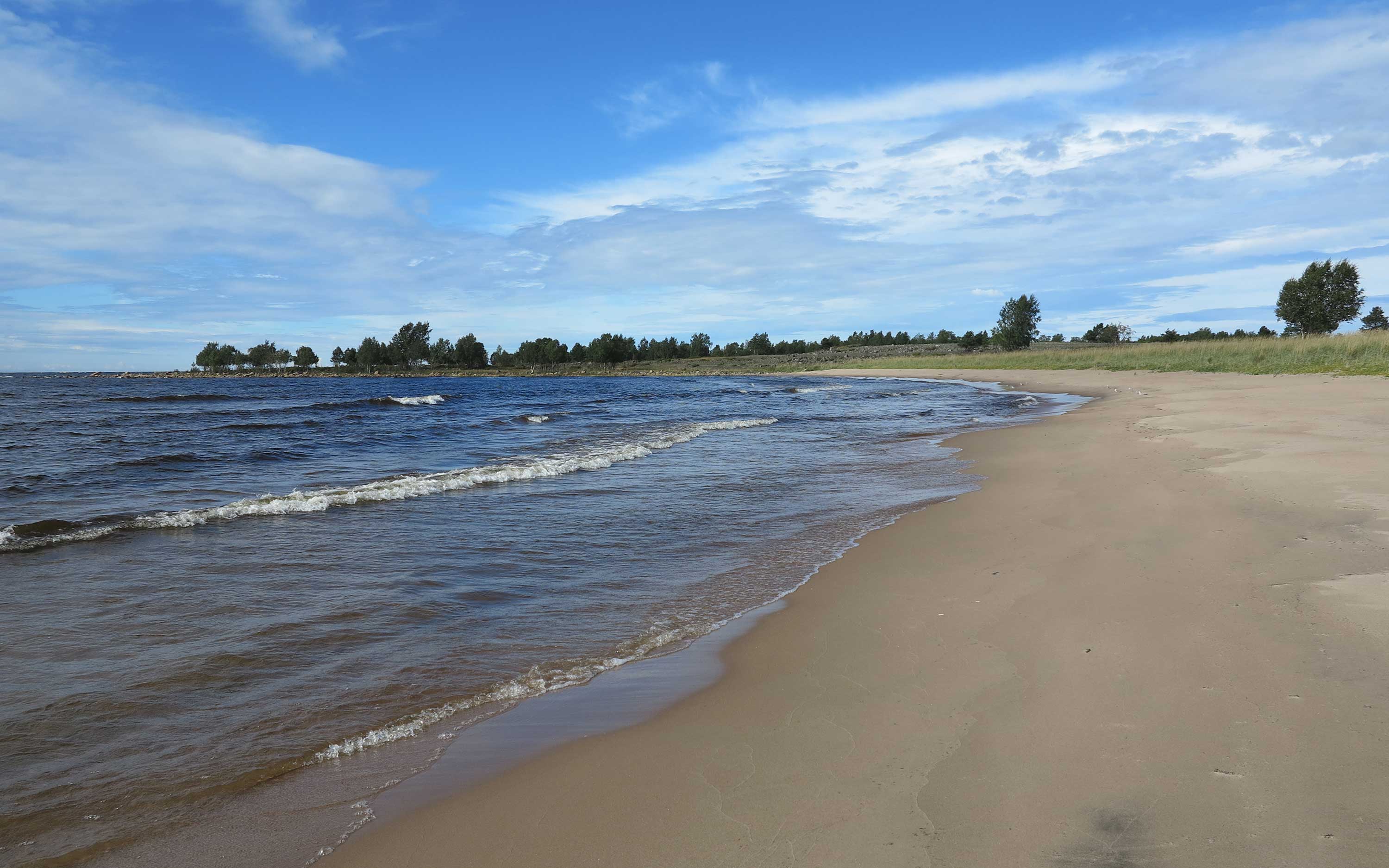 A sandy beach next to the sea.