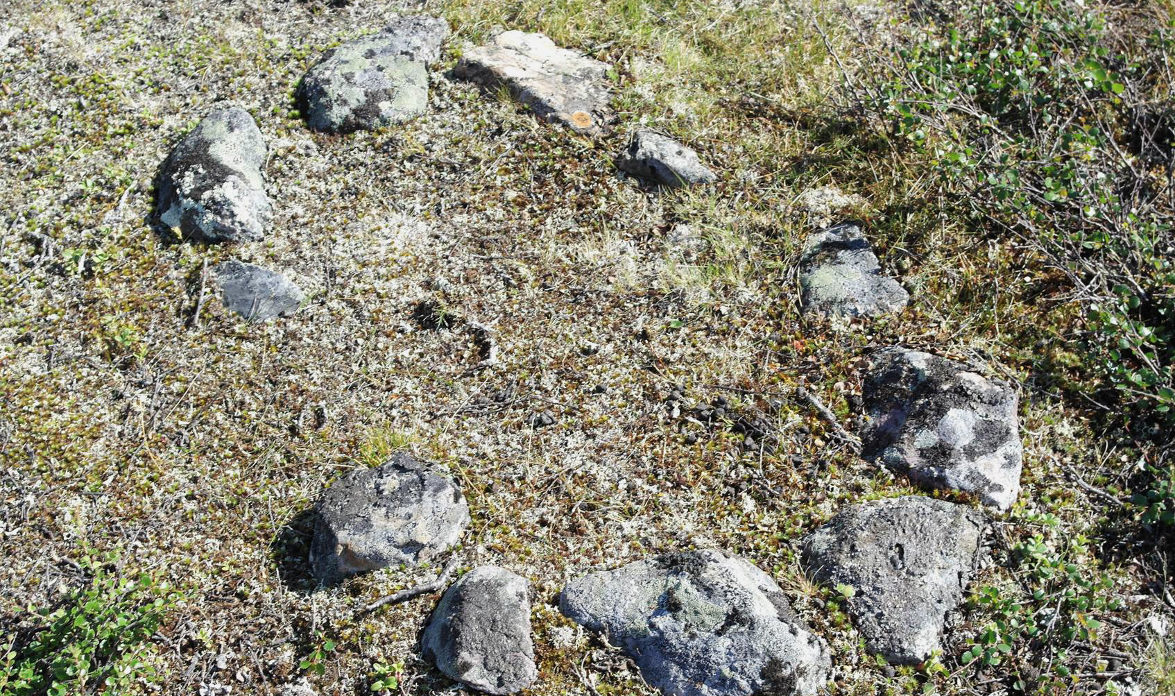 Stenar ligger i en ring på marken, en härd. Padjelanta/Badjelannda nationalpark, Laponia.