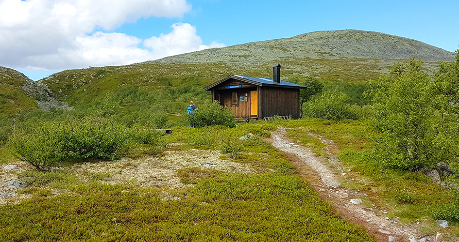 En brun trästuga ligger i ett grönt fjällandskap.