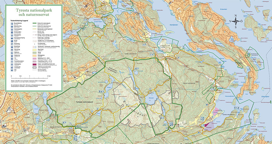 Karta över Tyresta nationalpark och naturreservat.